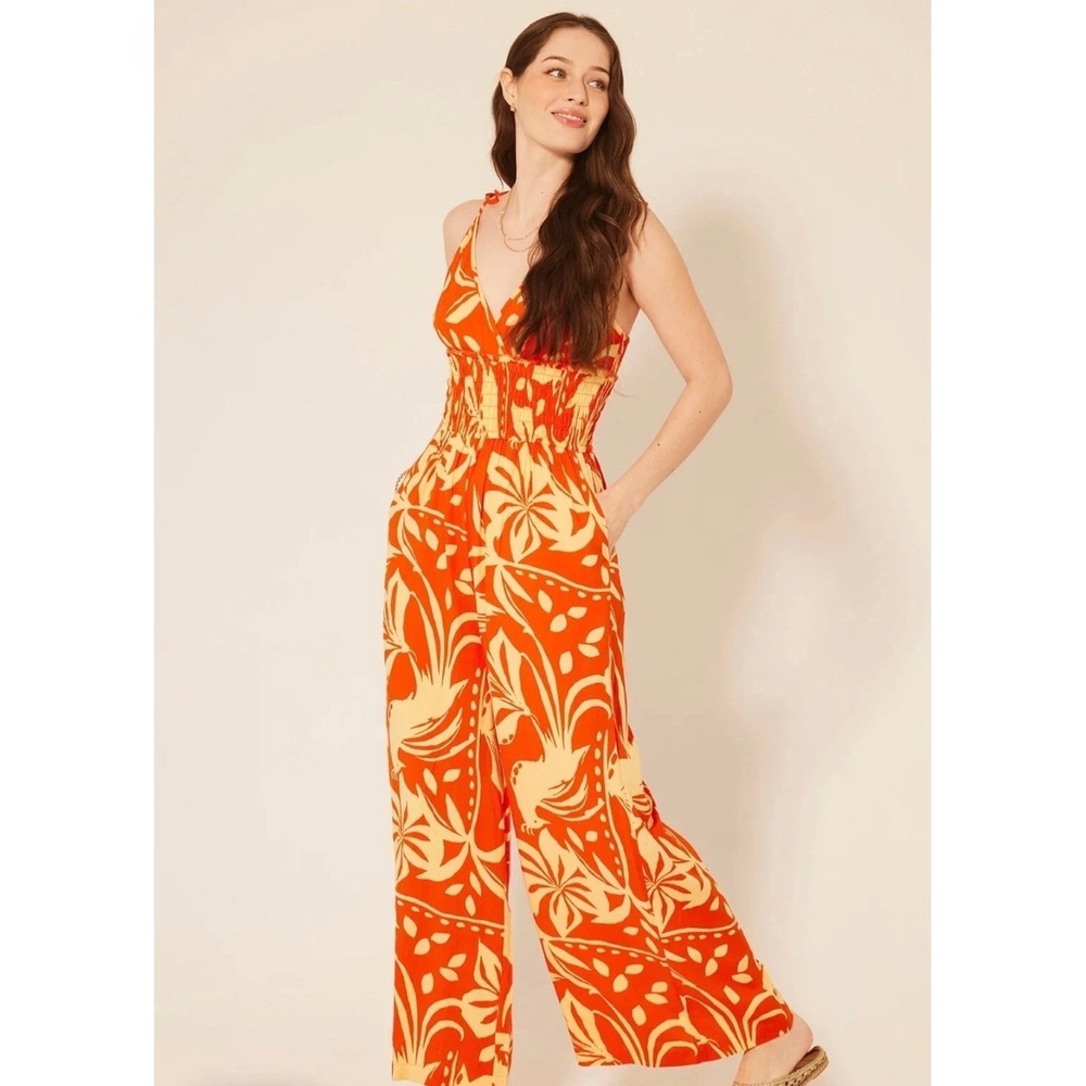Patrons of Peace Arcadia Orange Tropical Bird Print Jumpsuit Wide Leg Smocked XS
